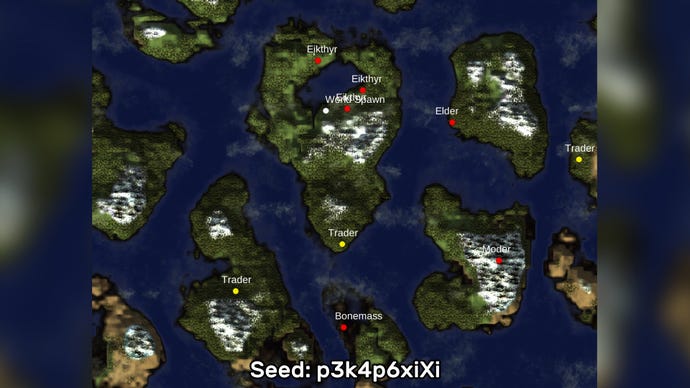 A screenshot of one of the best Valheim seeds we've found, using the Valheim World Generator tool. Seed: p3k4p6xiXi